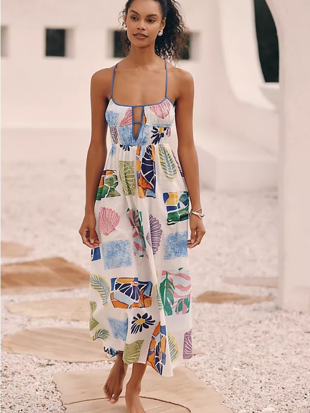 Anthropologie Celandine Tropical Print Spaghetti-Strap Maxi Dress with Blue Trim